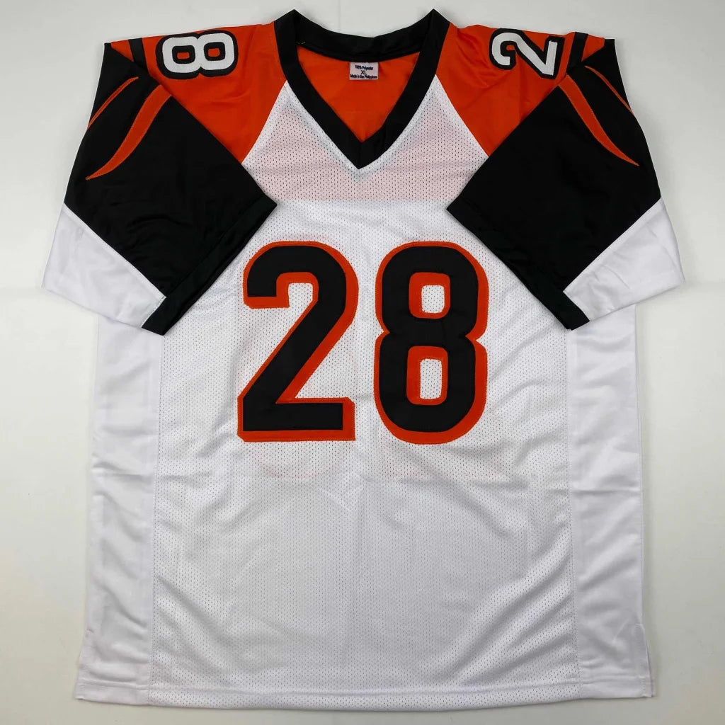 White orange black short-sleeve custom jersey with number 28 from Joe Mixon sports league