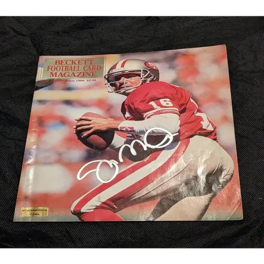 Joe Montana auto signed Beckett football card magazine collectible featuring autographed Montana auto signed item