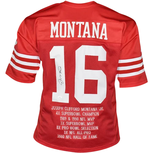 Joe Montana autographed San Francisco red jersey #16 with stats