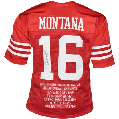Joe Montana autographed San Francisco red jersey #16 with stats