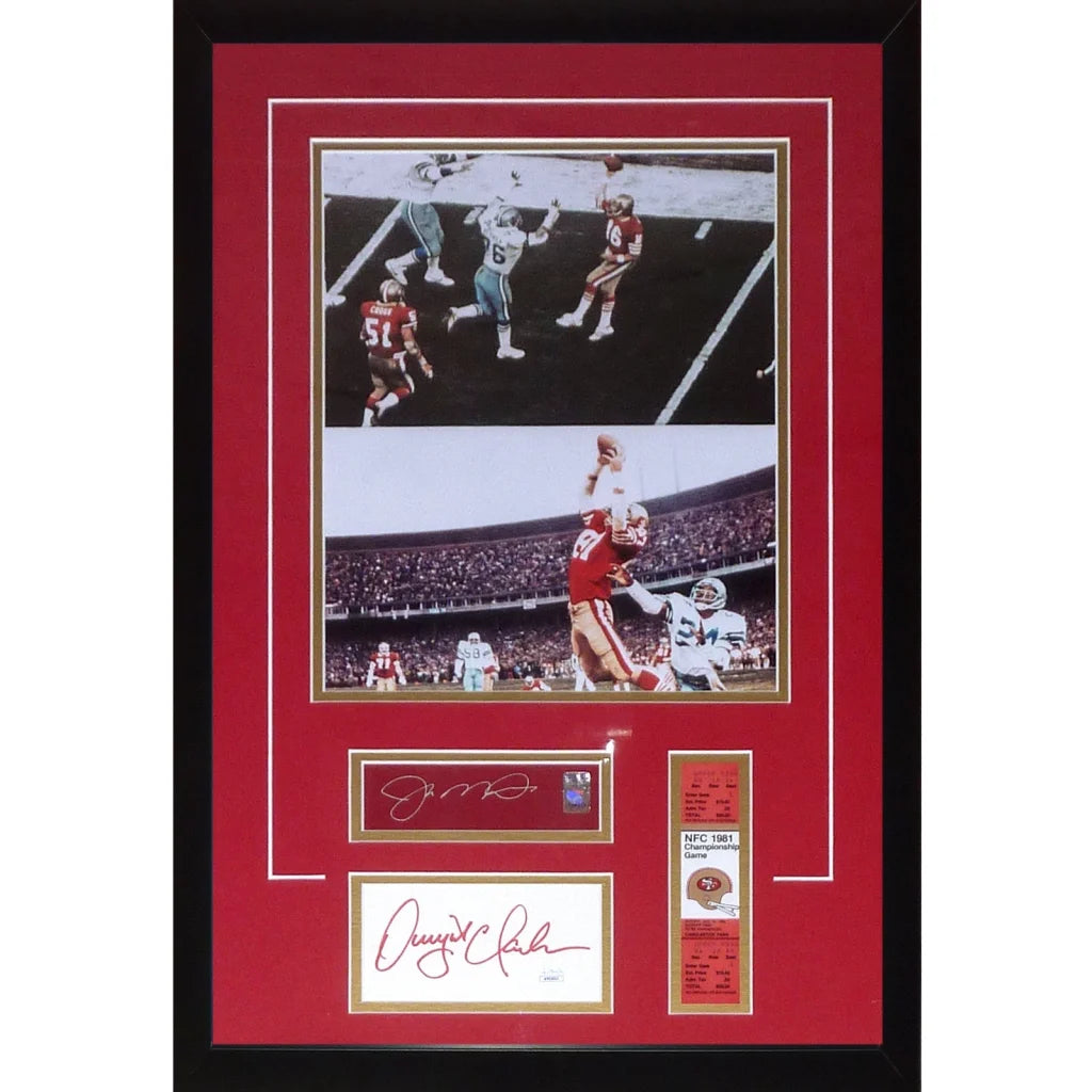 Joe Montana framed photo with Dwight Clark memorabilia, San Francisco 49ers 11x14 print