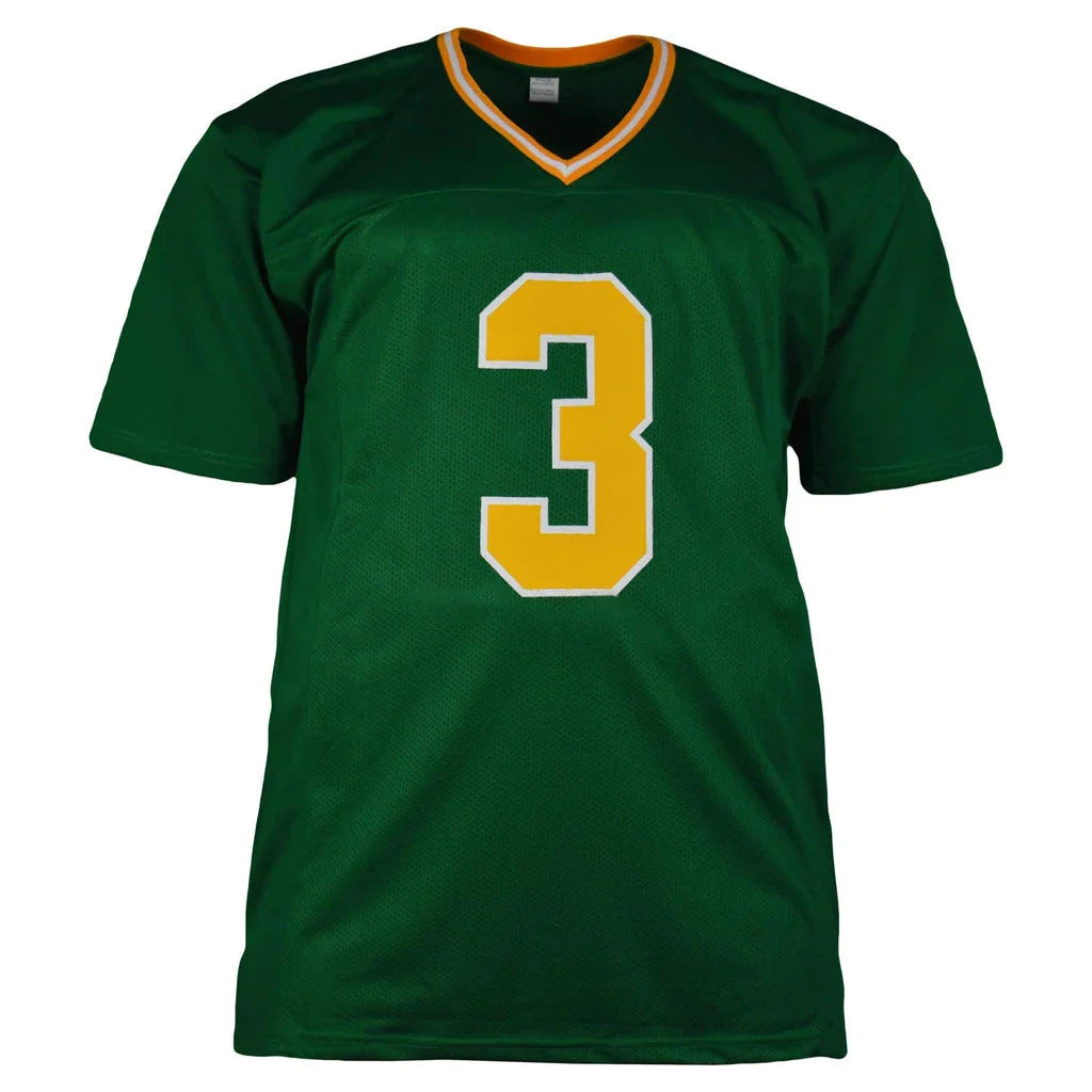 Joe Montana signed Notre Dame custom football jersey with green design, yellow number 3, orange trim