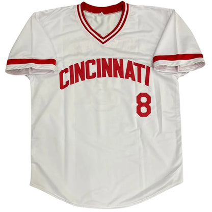 Joe Morgan autographed custom jersey with white base, red accents, number 8, Cincinnati logo