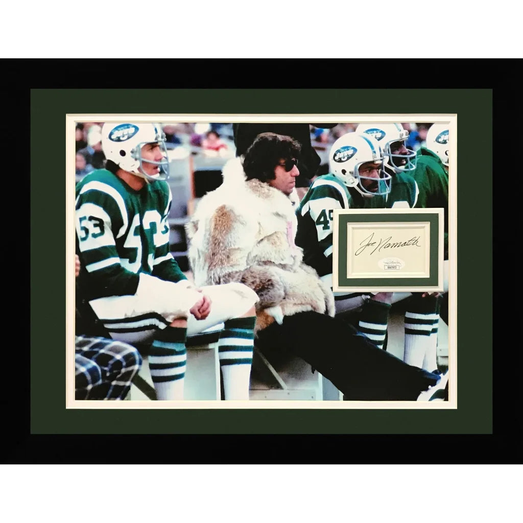 Joe Namath autographed deluxe framed fur coat photo with floating matted signature