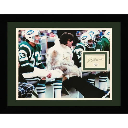 Joe Namath autographed deluxe framed fur coat photo with floating matted signature