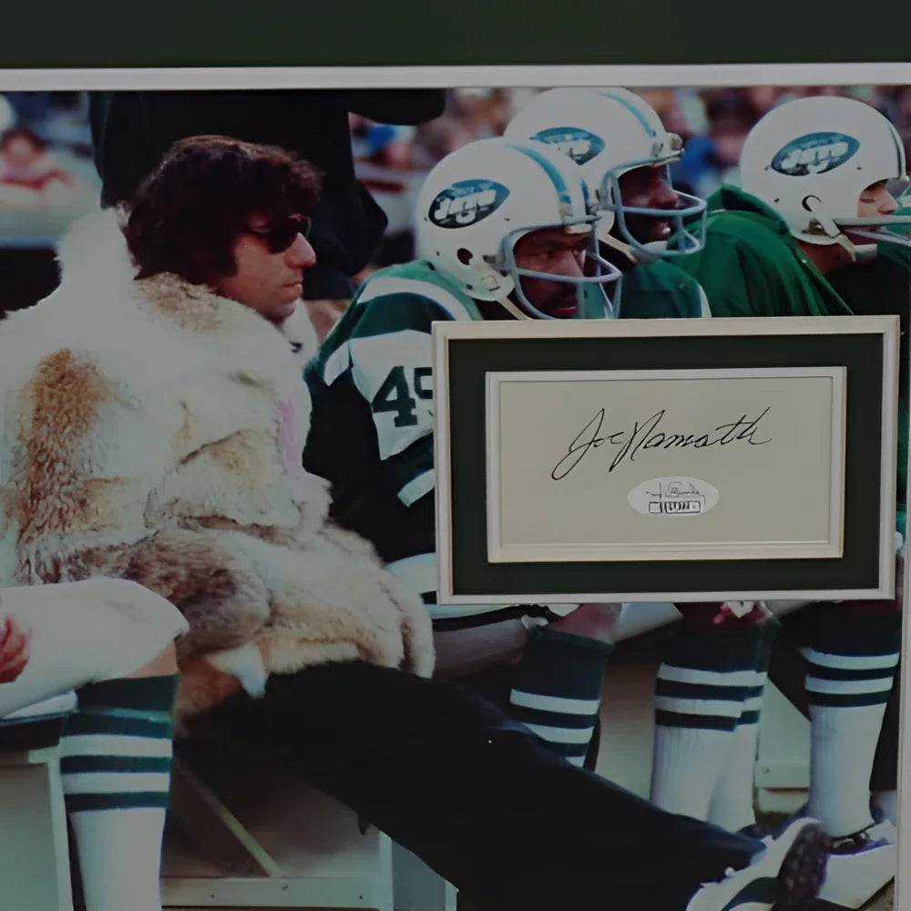 Joe Namath autographed deluxe framed fur coat photo with floating matted signature