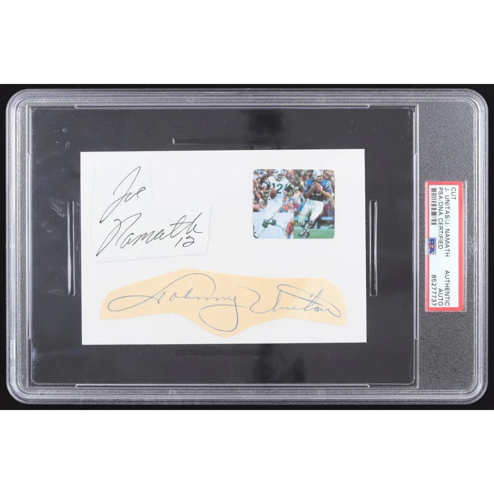 Joe Namath and Johnny Unitas signed collectible with PSA grading and small photo insert