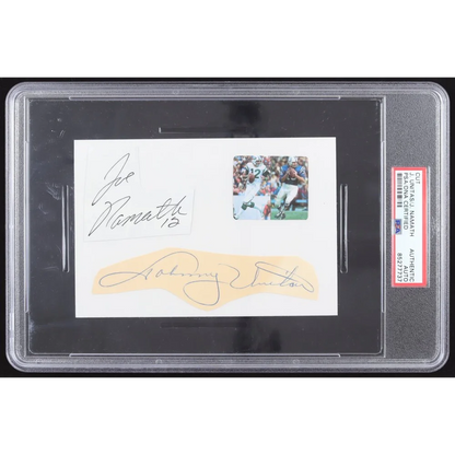 Joe Namath and Johnny Unitas signed collectible with PSA grading and small photo insert
