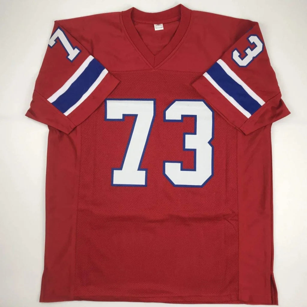Joe Namath signed custom jersey, red with white blue accents, number 73