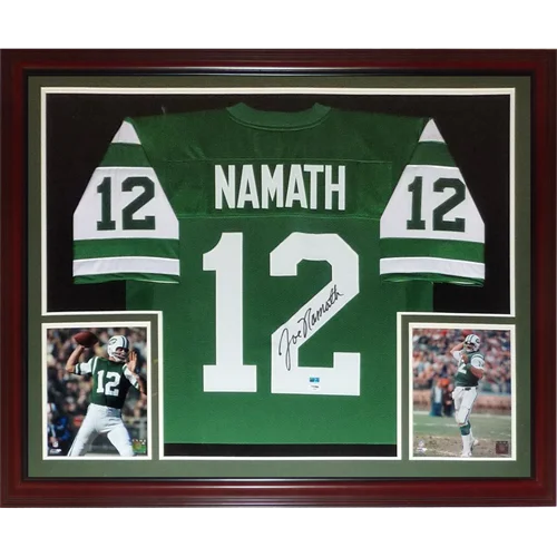 Classic green and white Joe Namath signed deluxe framed jersey