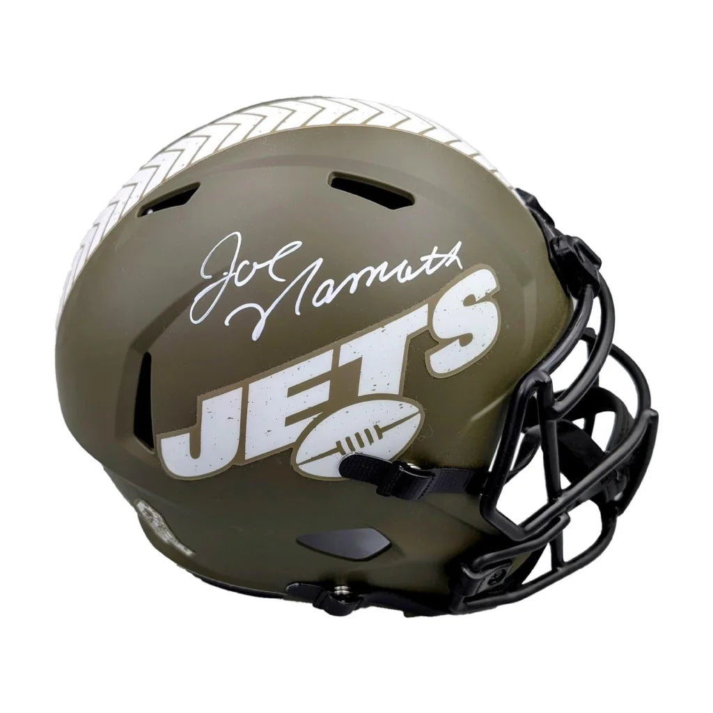 Joe Namath signed full size salute to service replica helmet with green Jets mini design