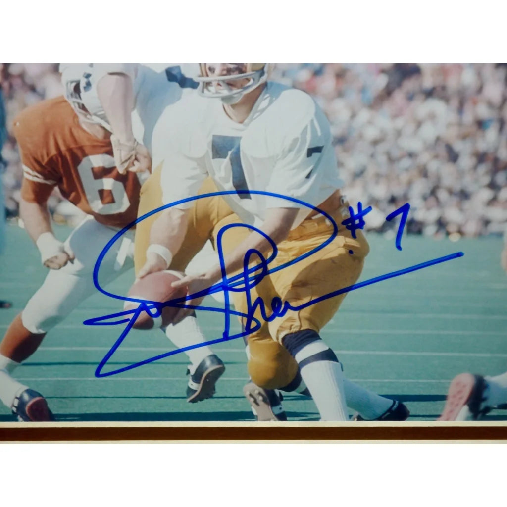 Joe Theismann autographed Notre Dame Fighting Irish white jersey framed photo