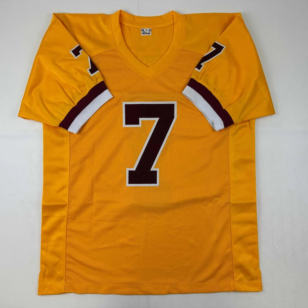 Yellow and maroon custom jersey with number 7 from Joe Theismann signed professional sports collectible