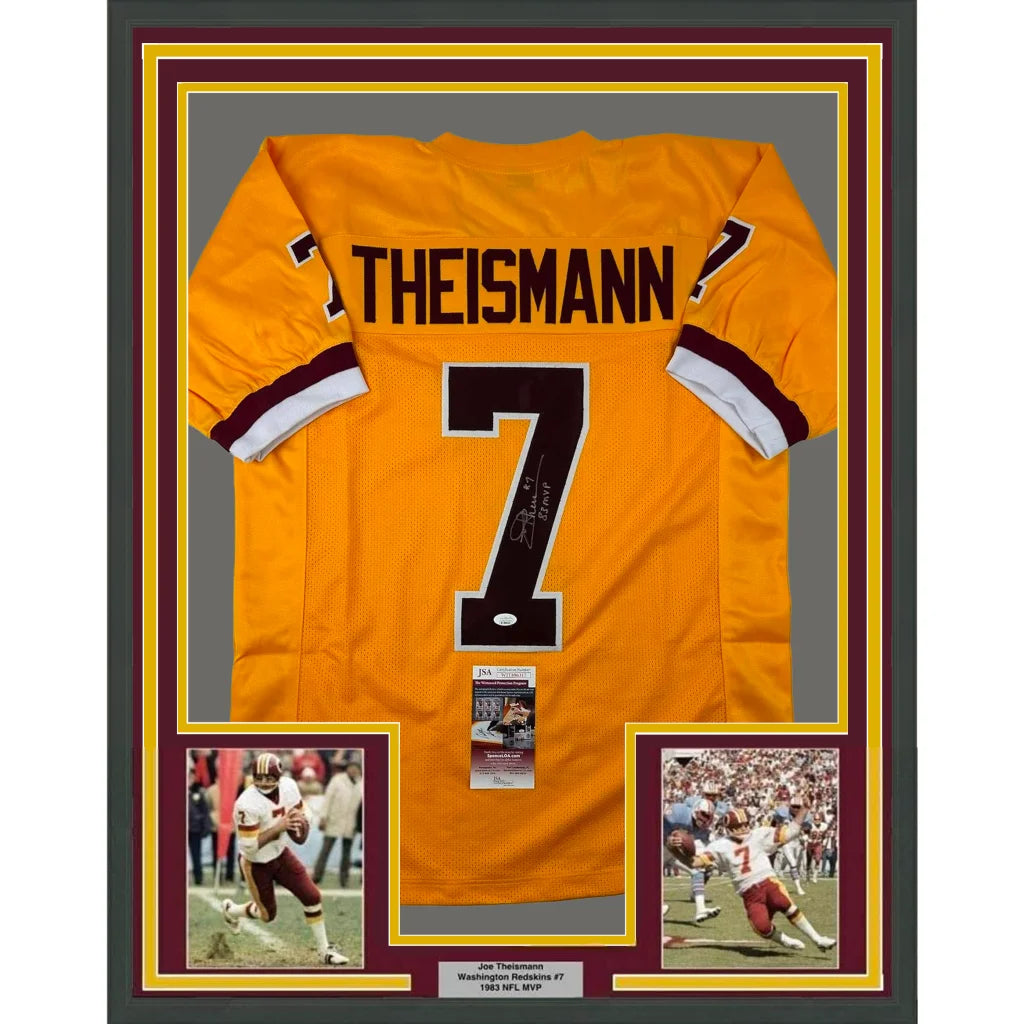 Framed Joe Theismann Redskins jersey with photos and authentication for your man cave