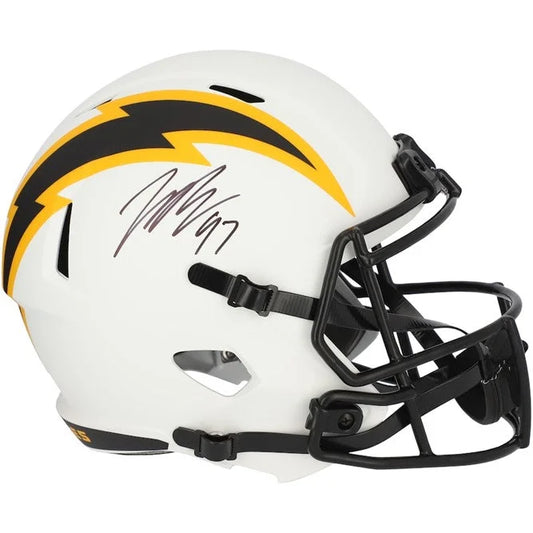 White mini helmet with black and yellow lightning bolt design autographed by Joey Bosa for autographed Los Angeles Chargers fans