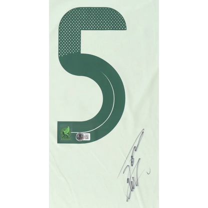 Green number 5 with dotted pattern and authenticity tag on Johan Vasquez signed jersey