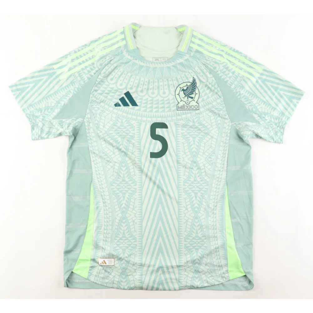 Light green mint patterned Johan Vasquez signed Mexico jersey with number 5, authentic Adidas collectible