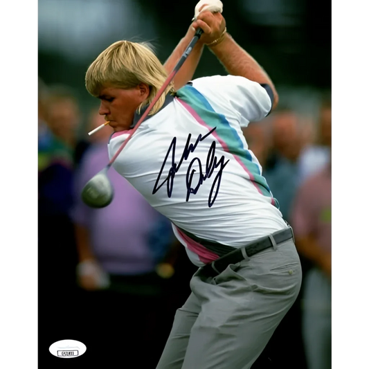 John Daly autographed golf shirt with pink teal stripes signed by player