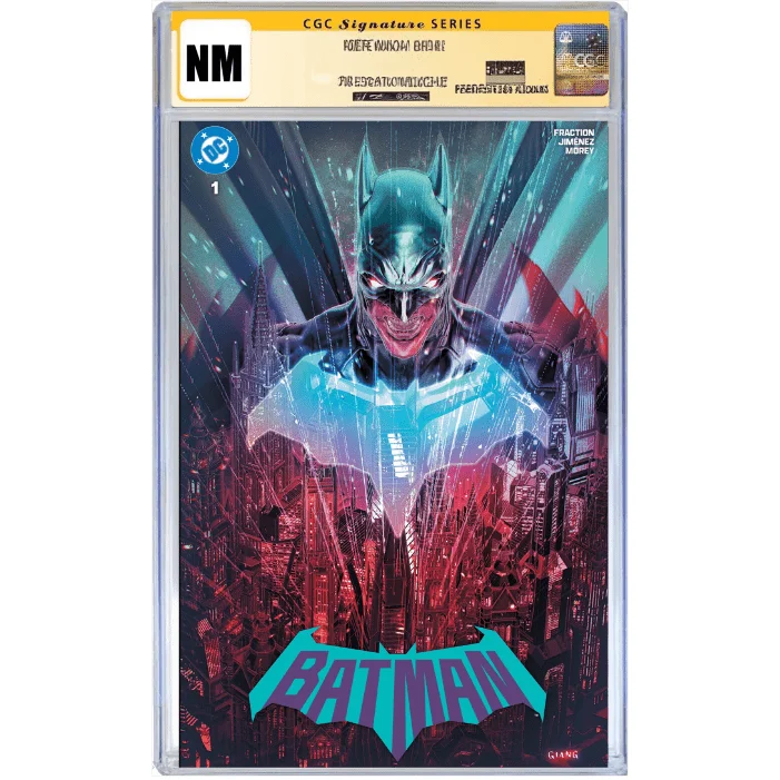 Graded John Giang Variant Batman comic with blue and red city background