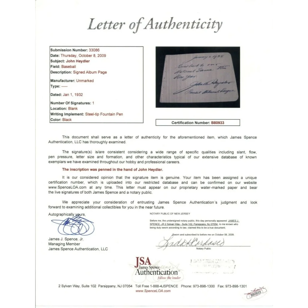 John Heydler signed letter with JSA LOA authentication
