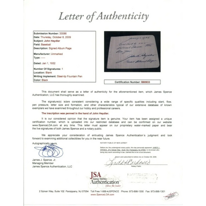 John Heydler signed letter with JSA LOA authentication