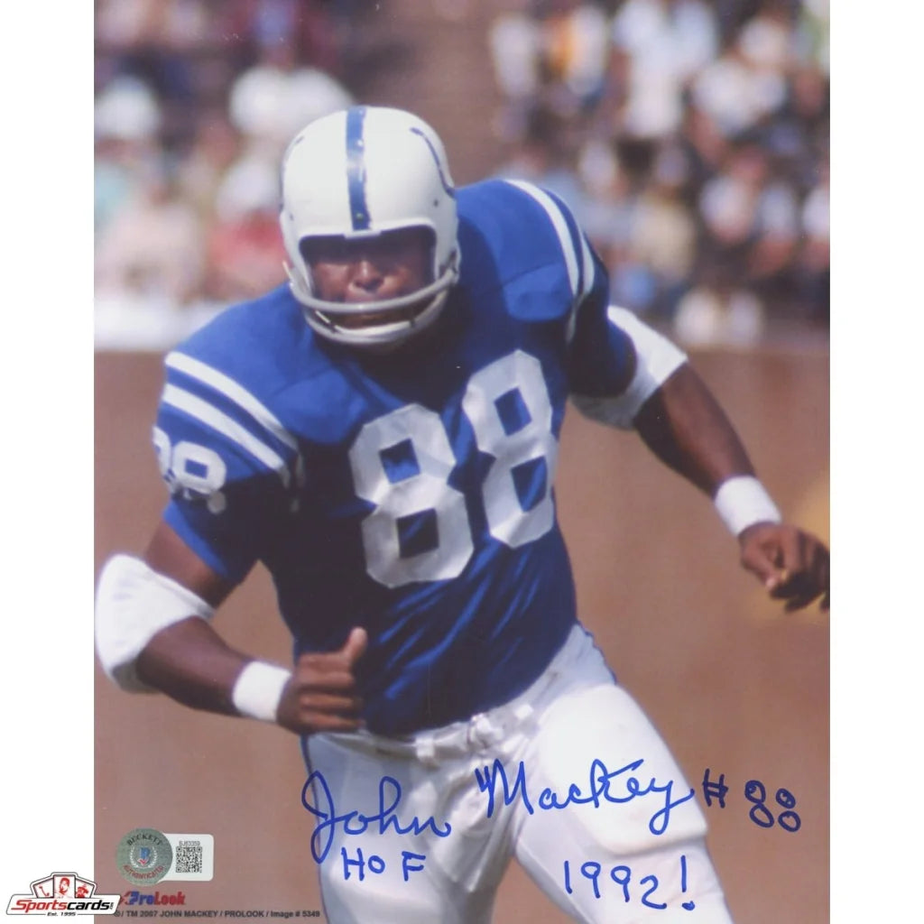 John Mackey signed 8x10 photo with blue white jersey 88, Beckett authentication