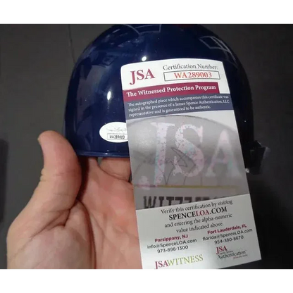 Dark blue John Schreiber Boston Red Sox signed helmet with JSA certification and auth card