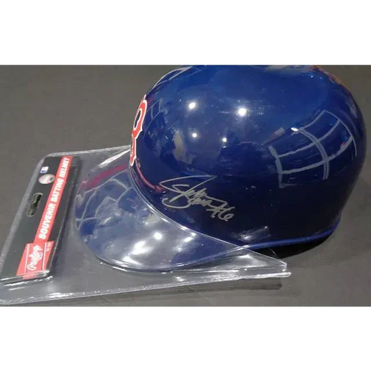 Blue Boston Red Sox signed batting helmet with visor and John Schreiber signature