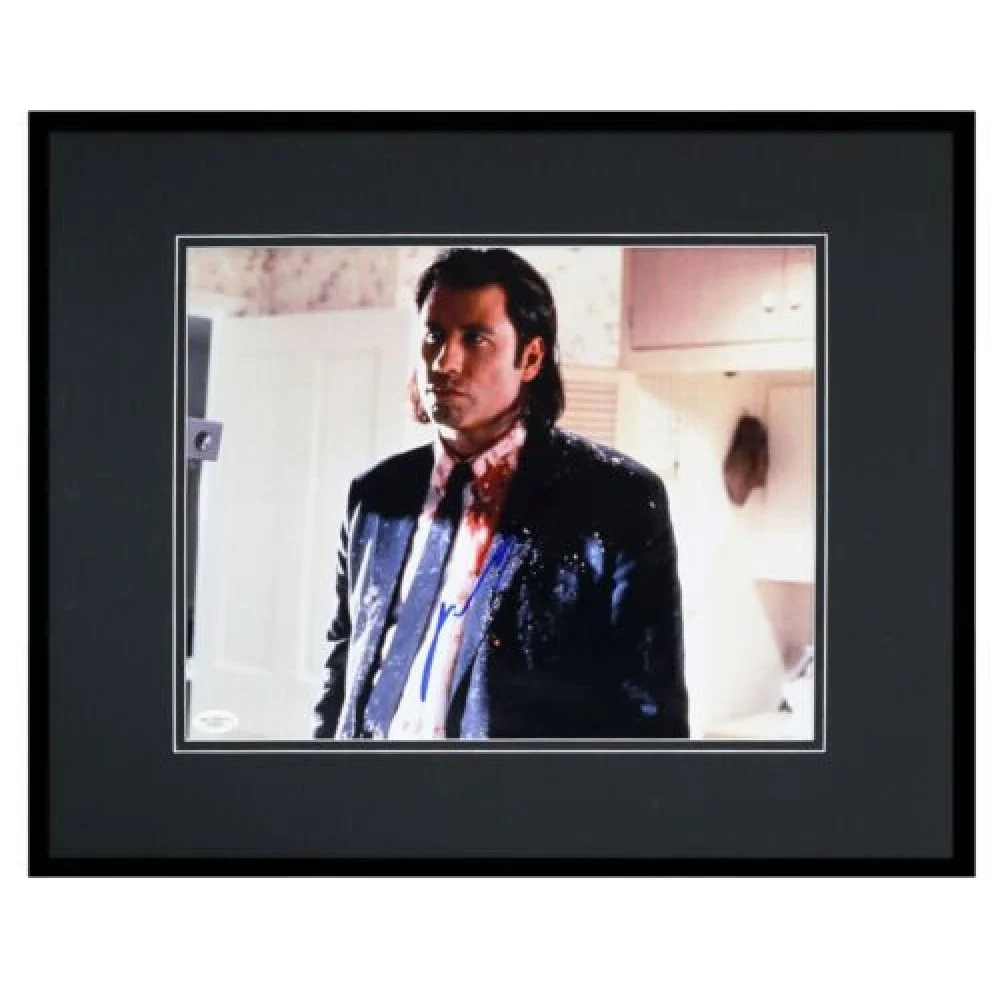Framed signed John Travolta Pulp Fiction photo of Vincent Vega in blood suit 16x20