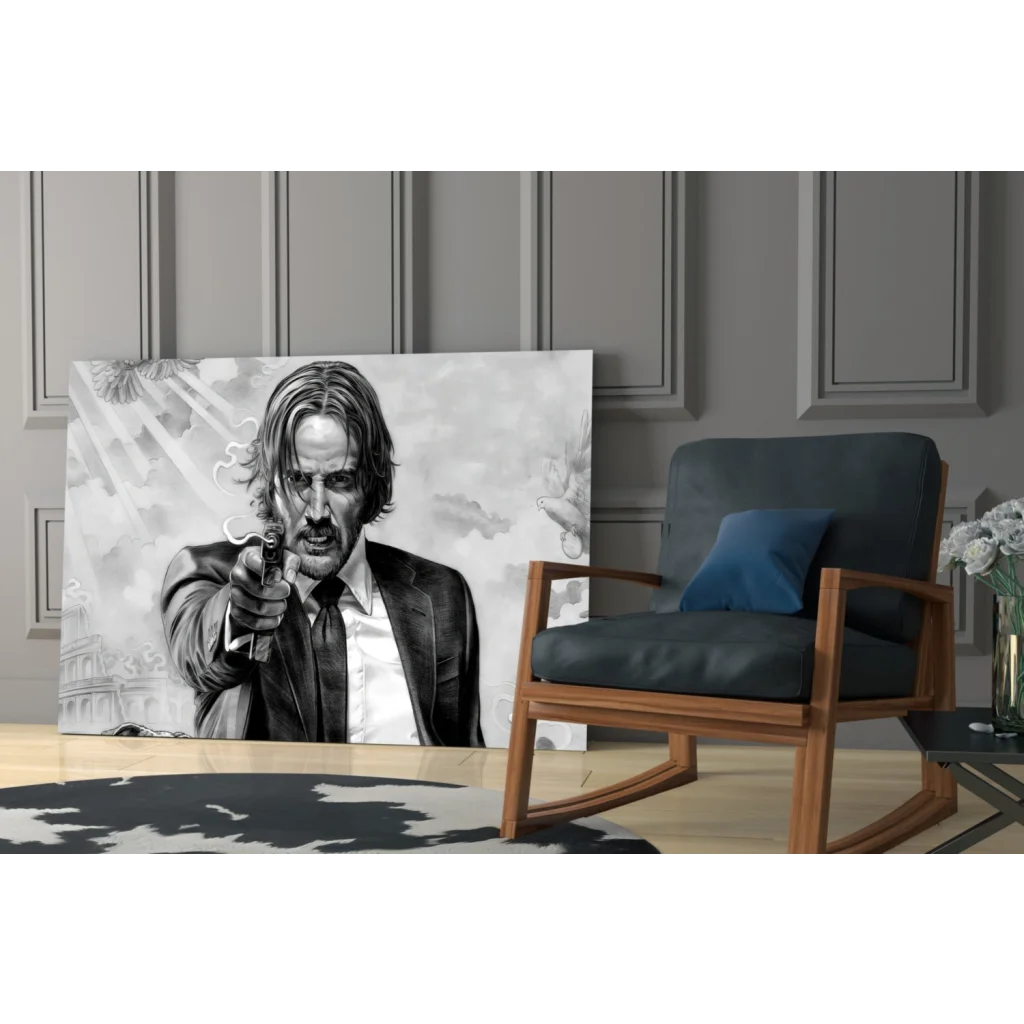 John Wick black and white canvas wall art print with gun