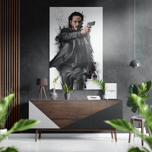 Keanu Reeves as John Wick black-and-white poster on brushed aluminium dibond
