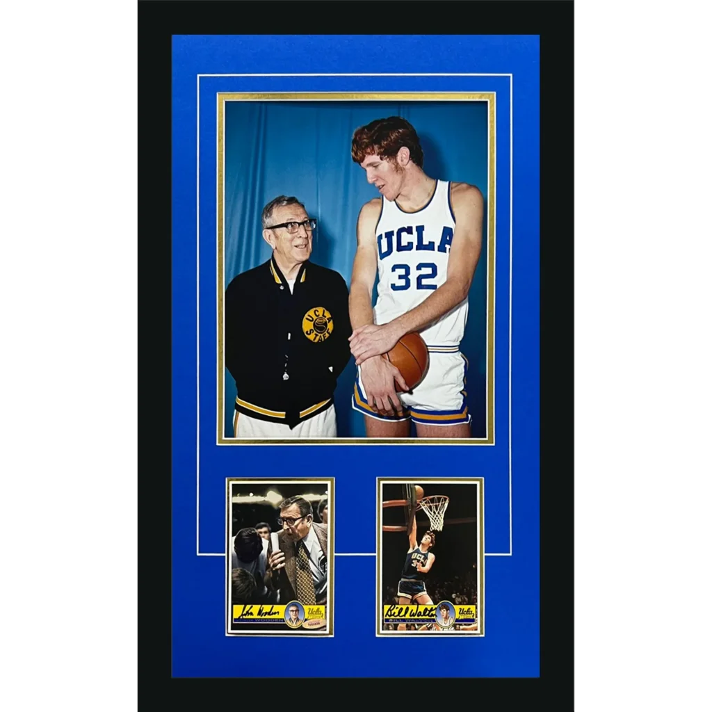 Deluxe framed photo postcard piece of UCLA’s John Wooden, Bill Walton signed basketball display