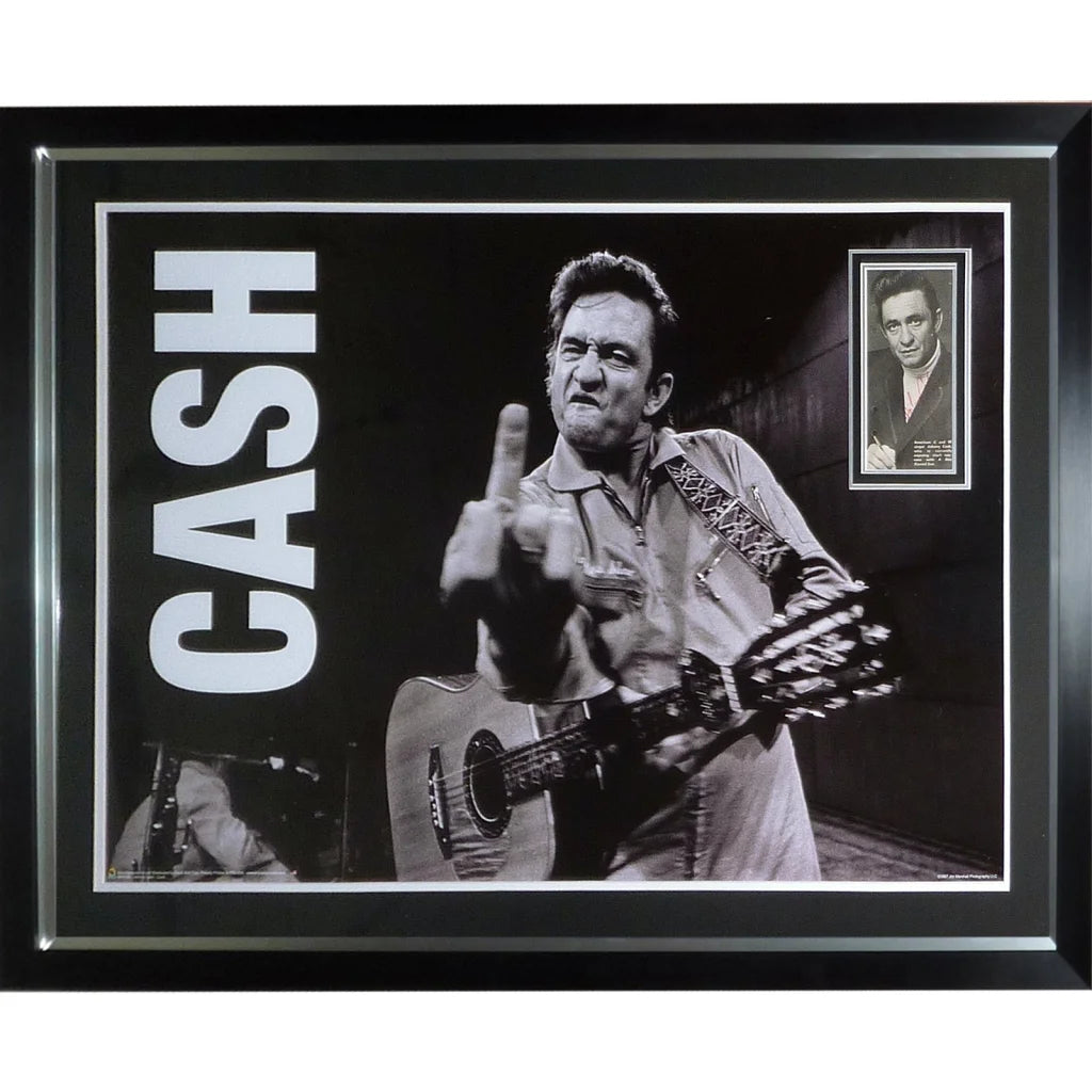 Framed Johnny Cash music poster deluxe with autograph, dynamic pose