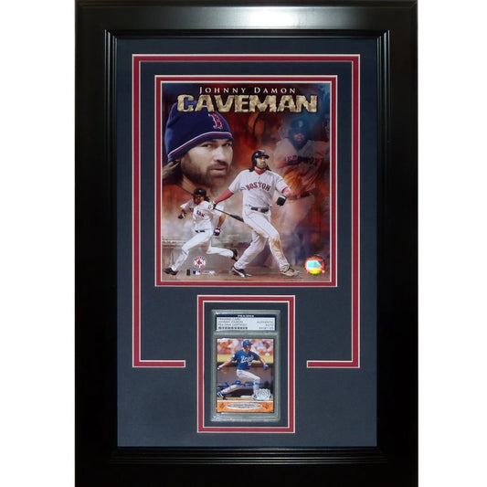 Johnny Damon autographed rookie card deluxe framed with Red Sox photo