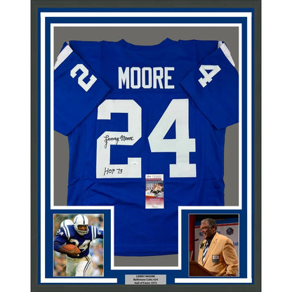 Framed Lenny Moore Baltimore Colts autographed football jersey with photos, HOF 1975 inductee, for man cave decor