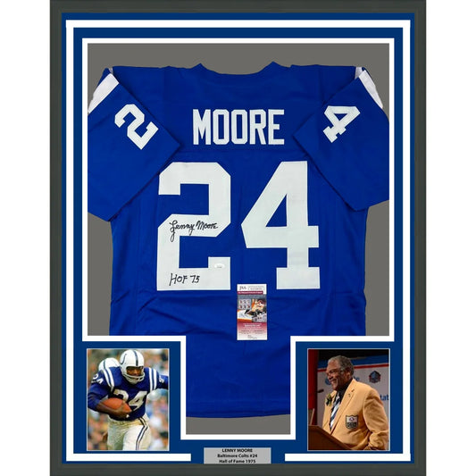 Framed Lenny Moore Baltimore Colts autographed football jersey with photos, HOF 1975 inductee, for man cave decor