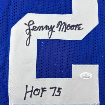 Autographed Lenny Moore Baltimore Colts blue jersey number 24 with HOF 1975 inscription