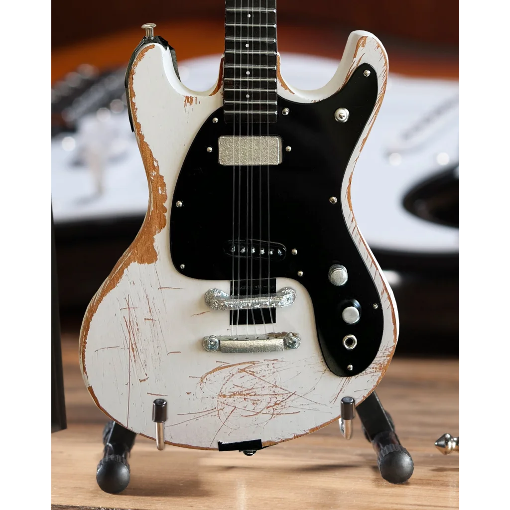 Johnny Ramone Axe Heaven mini guitar with distressed Fender Stratocaster finish and adjustable A-frame stand