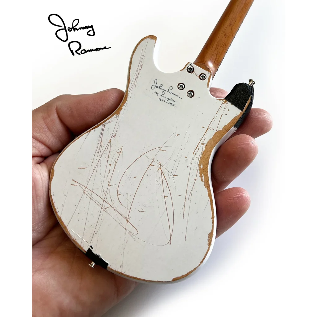 Johnny Ramone Axe Heaven signature mini white guitar with stand