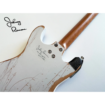 White Johnny Ramone Axe Heaven mini guitar with stand