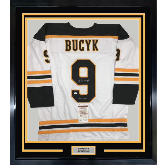 Framed Autographed/Signed Johnny John Bucyk HOF 1981 35x39 Boston White Hockey Jersey JSA COA