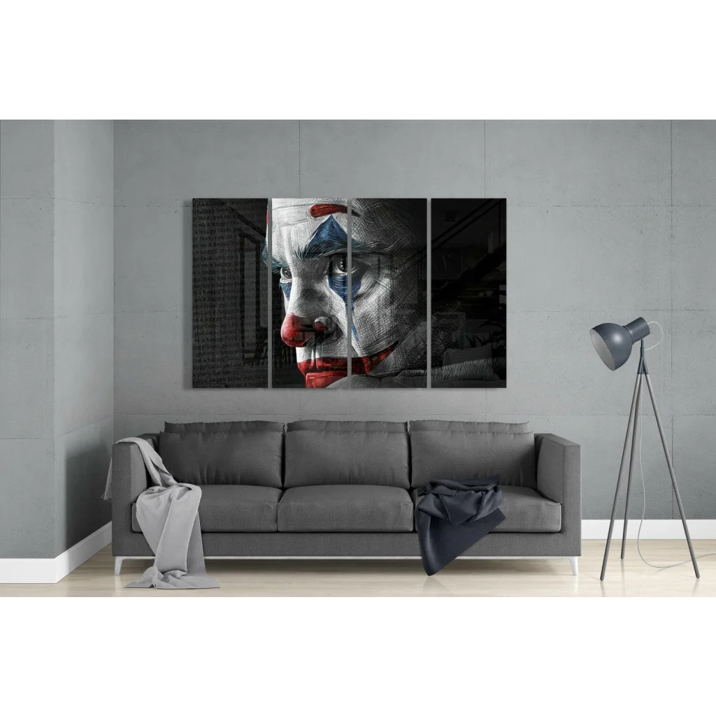 Joker Clown black and white triptych wall art with bold red accents