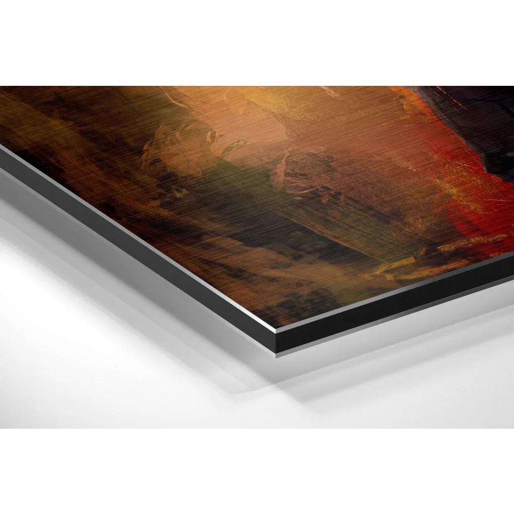 Glass Wall Art Fiery abstract Joker art on brushed aluminium Dibond with bold orange red brown strokes