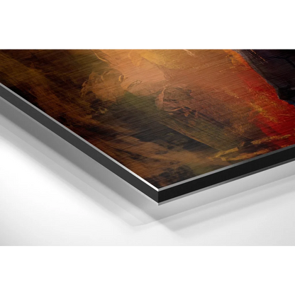 Fiery abstract Joker art on brushed aluminium Dibond with bold orange red brown strokes