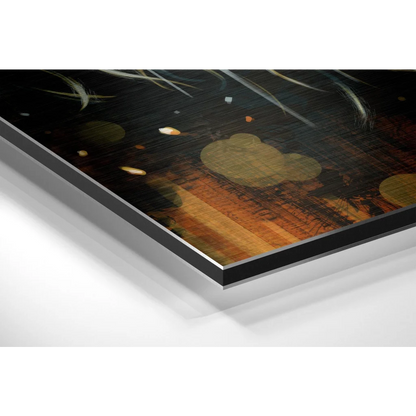 Stunning abstract acrylic on brushed aluminium dibond with orange gold circles