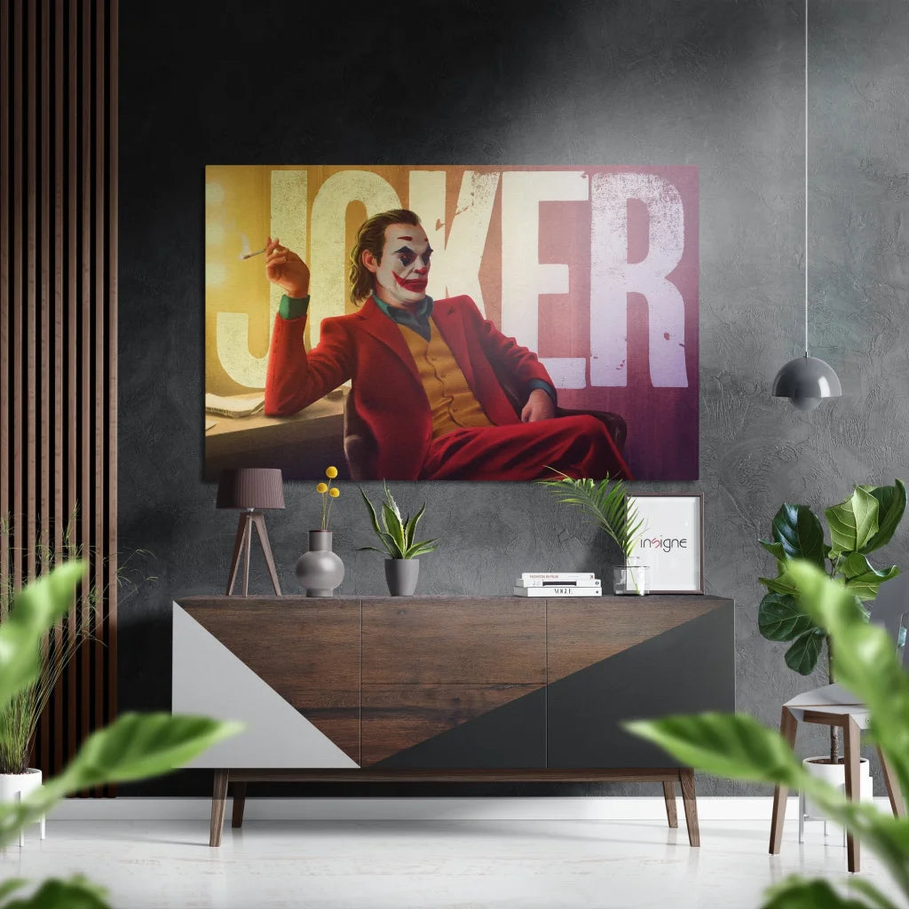 Vibrant Joker movie poster on brushed aluminium dibond wall art