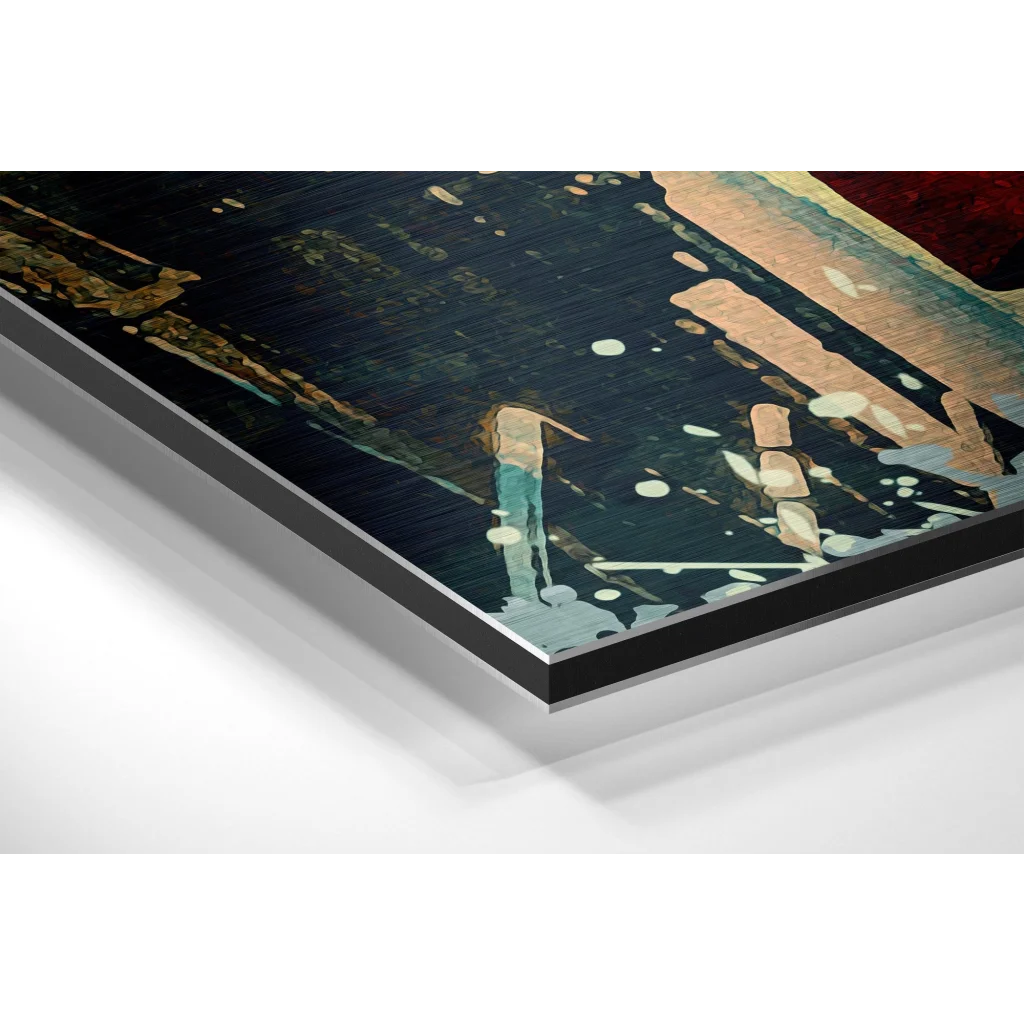 Stunning brushed aluminium dibond print of solitary figure in teal pants on dark textured background with gold and red splashes