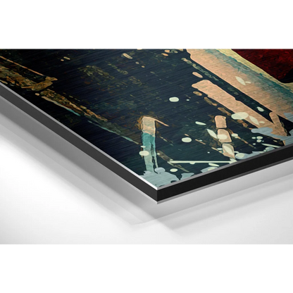 Stunning brushed aluminium dibond print of solitary figure in teal pants on dark textured background with gold and red splashes