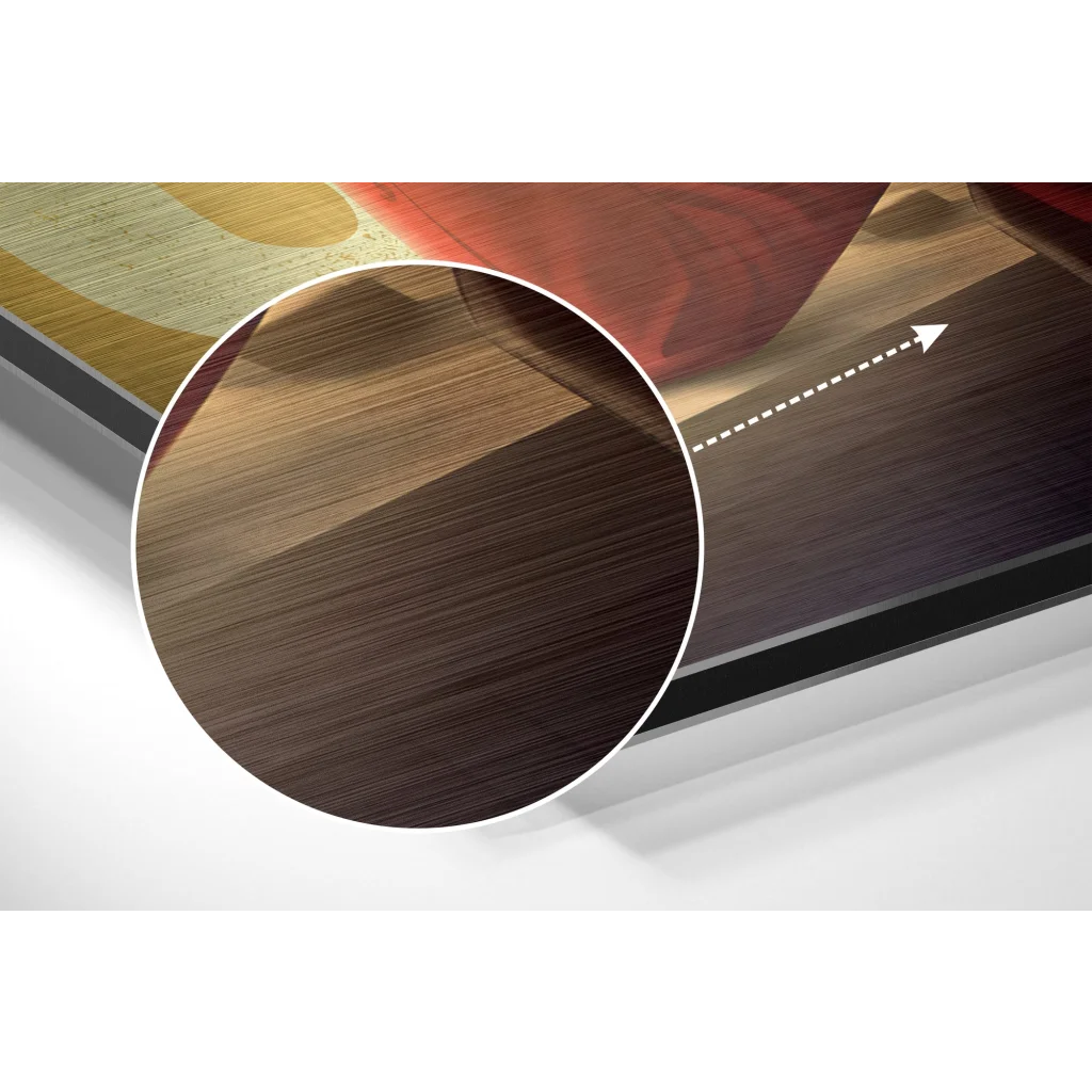 Stunning brushed aluminium dibond art on dark polished wood-grain surface