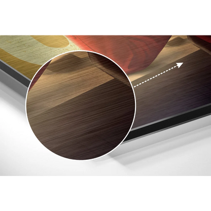 Stunning brushed aluminium dibond art on dark polished wood-grain surface
